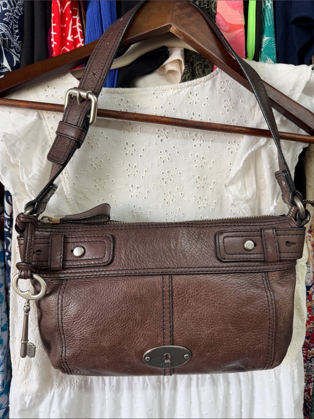 Fossil Brown Leather Shoulder Bag with Buckle Detail
